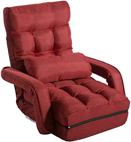 Folding Lazy Sofa Floor Chair Aprox Sofa Lounger Bed Padded Gaming Chair with Armrests and Pillow for Living Room Games & Reading (Red)