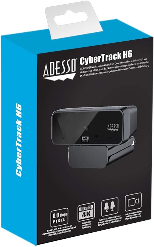 Adesso Cybertrack H6 4K Ultra HD USB Webcam with Built-in Dual Microphone & Privacy Shutter Cover Black