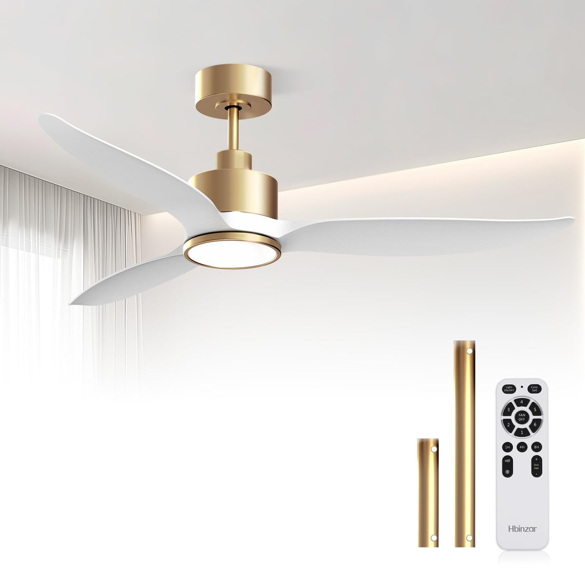 Hbinzar 52 Inch White Gold Ceiling Fan with Light and Remote, Indoor Modern Ceiling Fan for Bedroom Living Room, High CFM Quiet