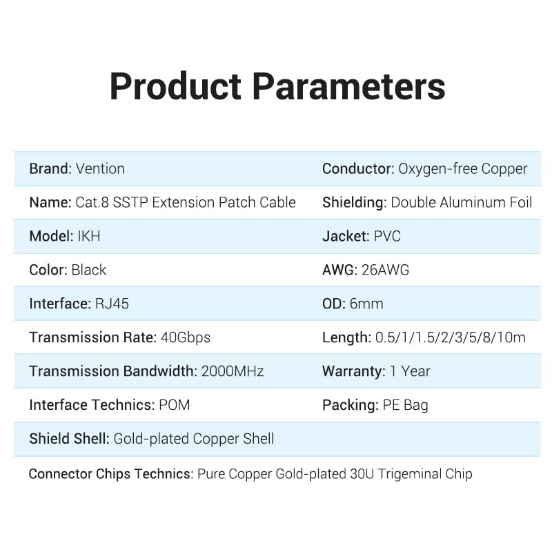 8 26FT 40Gbps Cat8 RJ45 VENTION Cat Ethernet Extension Cable LAN Cable Extender FTP Ethernet Patch Internet Cable