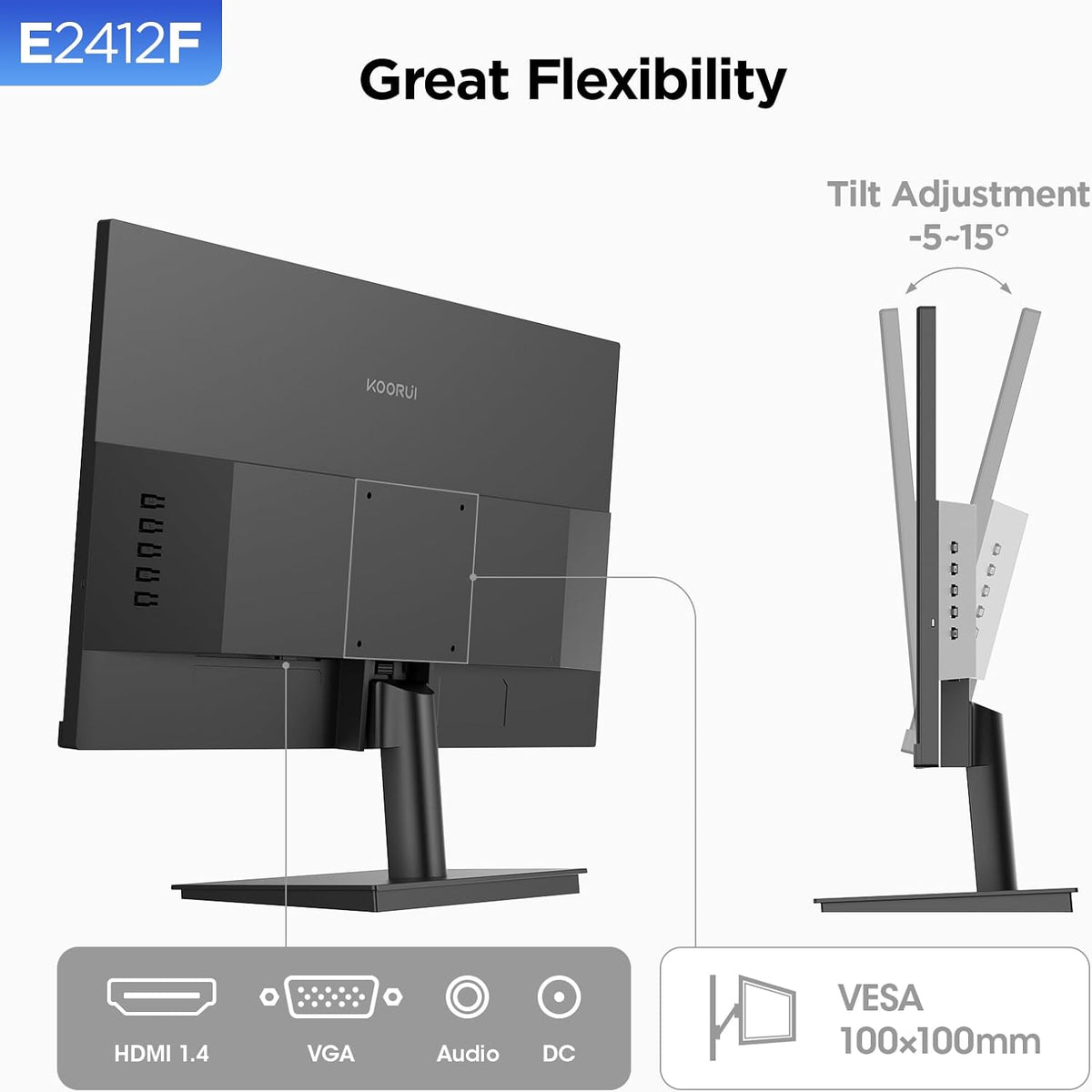 KOORUI 24-inch Computer Monitor Full HD 1920 x 1080p 100Hz VA Display 3000:1 Contrast Ratio with HDMI VGA, Three-Sided Slim Bezels, Freesync, 100 x 100 mm VESA Mountable, Ergonomic Tilt, Black