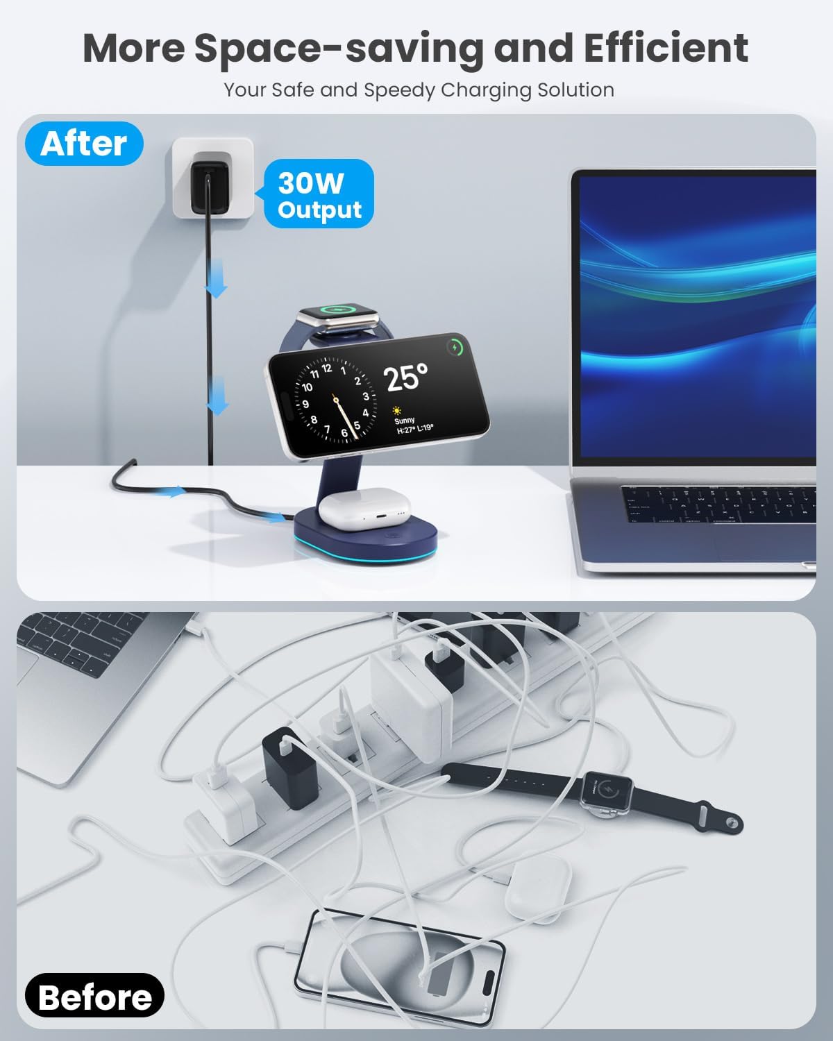 3 in 1 Wireless Charger Charging Station for iPhone,Qi2 Certified 15W Magnetic Charging Stand for Mag-Safe with 30W USB C Adapter&Friendly Night Light for iPhone 16/15/14/13/12,Apple Watch,AirPods
