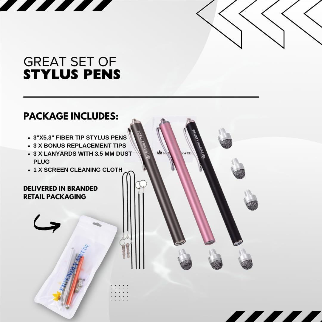 The Friendly Swede Mesh Tip Stylus Pen for Touchscreen — 3-Pack Micro-Knit Capacitive Stylus Pen for iPad & iPhone with 3 Replaceable Fiber Tips, Elastic Lanyards & Screen Cleaning Cloth