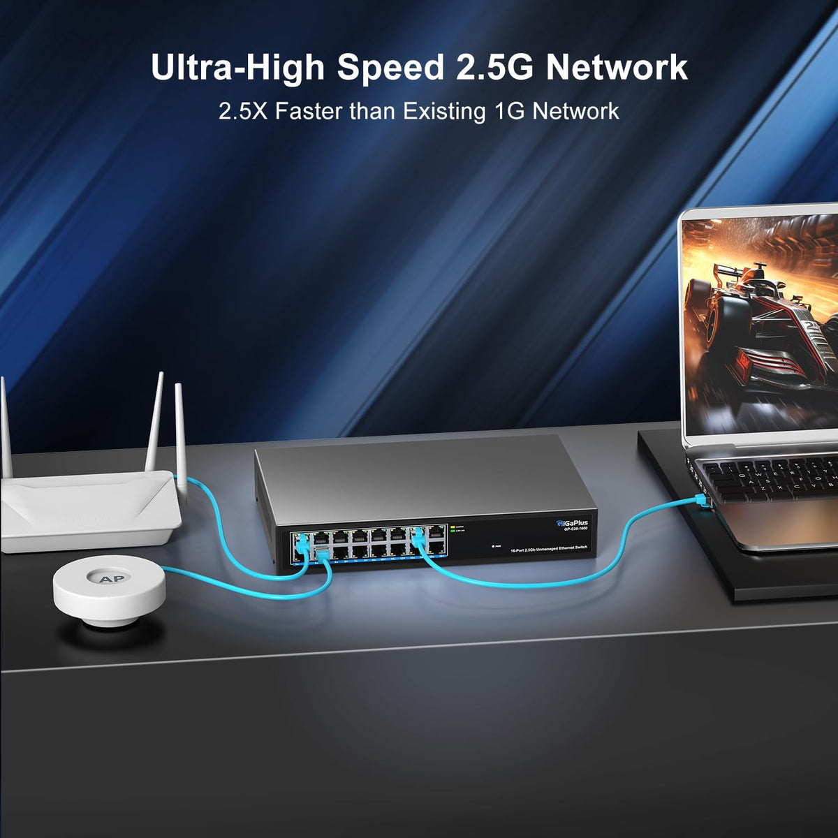 16 Ports 2.5Gb Unmanaged Ethernet Switch, 16*2.5G Base-T Ports. GiGaPlus 2.5Gbps Network Switch for 2.5Gbps NAS/PC, Wireless AP, WiFi6 Router. Plug and Play, Fanless Design.