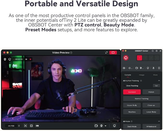 OBSBOT Tiny 2 Lite PTZ 4K Webcam 1080P@60fps HDR PC Camera with AI Tracking Micros with AI Noise Cancellation Tripod Gesture Control Auto Focus Plug & Play Ideal for Gaming or Streaming