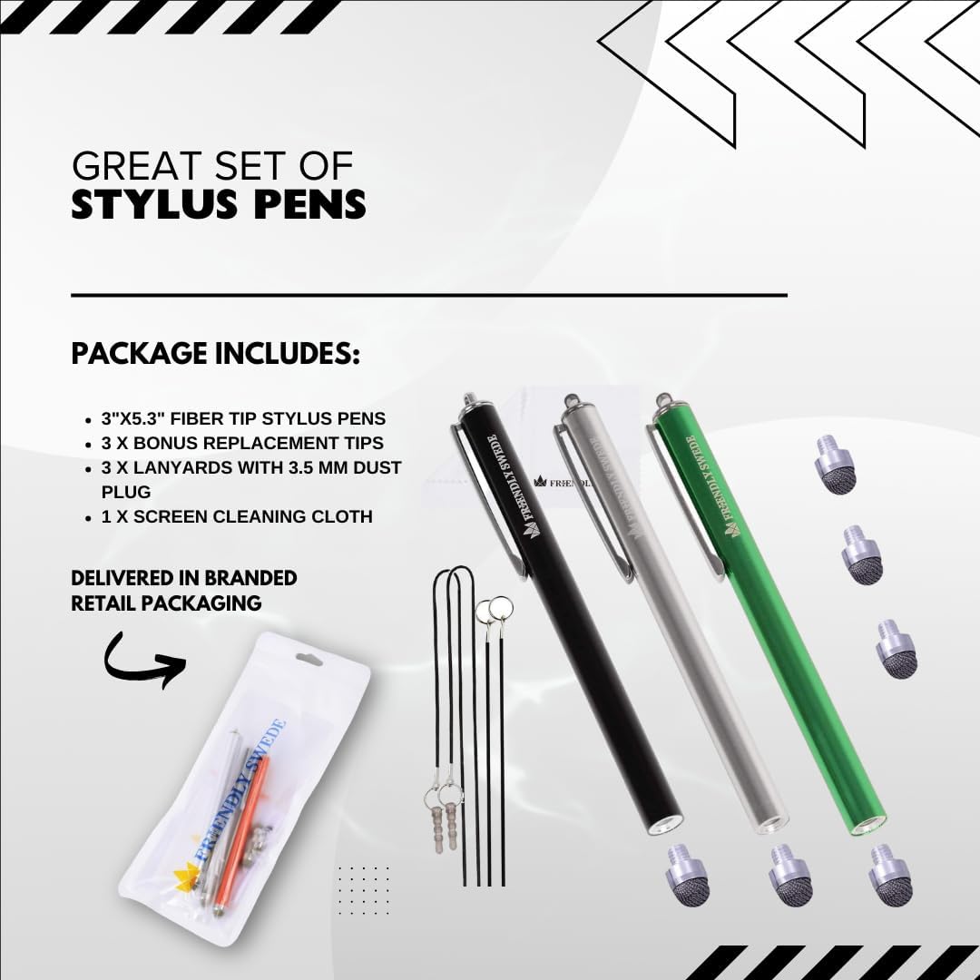 The Friendly Swede Mesh Tip Stylus Pen for Touchscreen — 3-Pack Micro-Knit Capacitive Stylus Pen for iPad & iPhone with 3 Replaceable Fiber Tips, Elastic Lanyards & Screen Cleaning Cloth