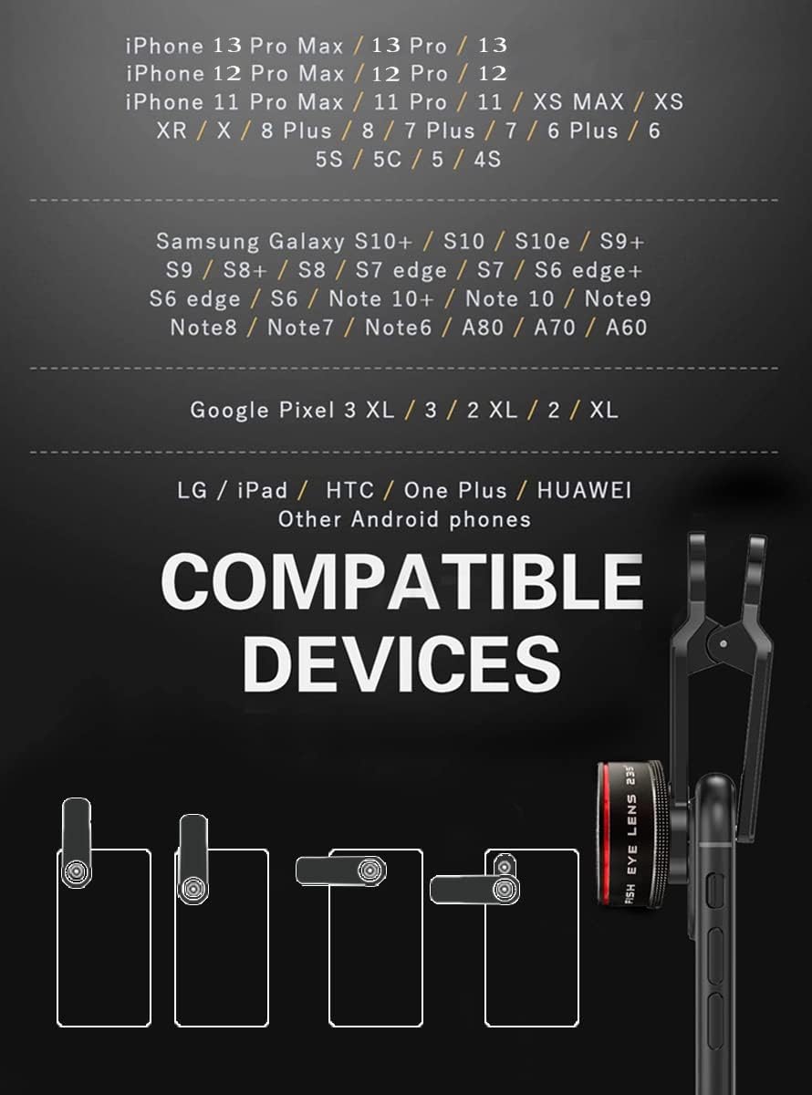 Phone Camera Lens, Clip on Cell HD Phone Fisheye Lens kit, 235° Fisheye Lens ,for Most iPhone Android Samsung Phones and Smartphones