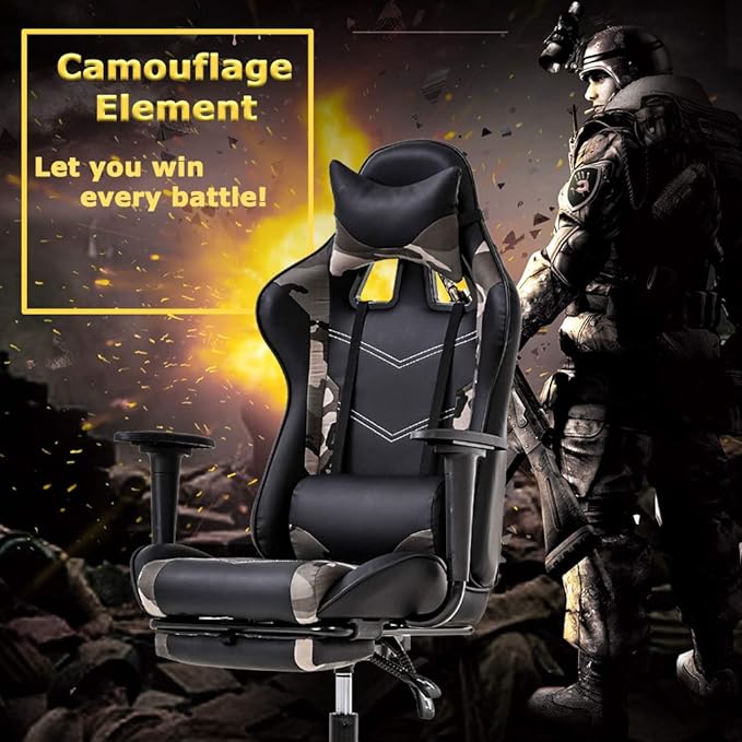Gaming Chair Video Game Chair with Lumbar Support and Footrest Height Adjustable Ergonomic Computer Gaming Chair with 360° Swivel Seat and Headrest and for Office or Gaming (Camo)