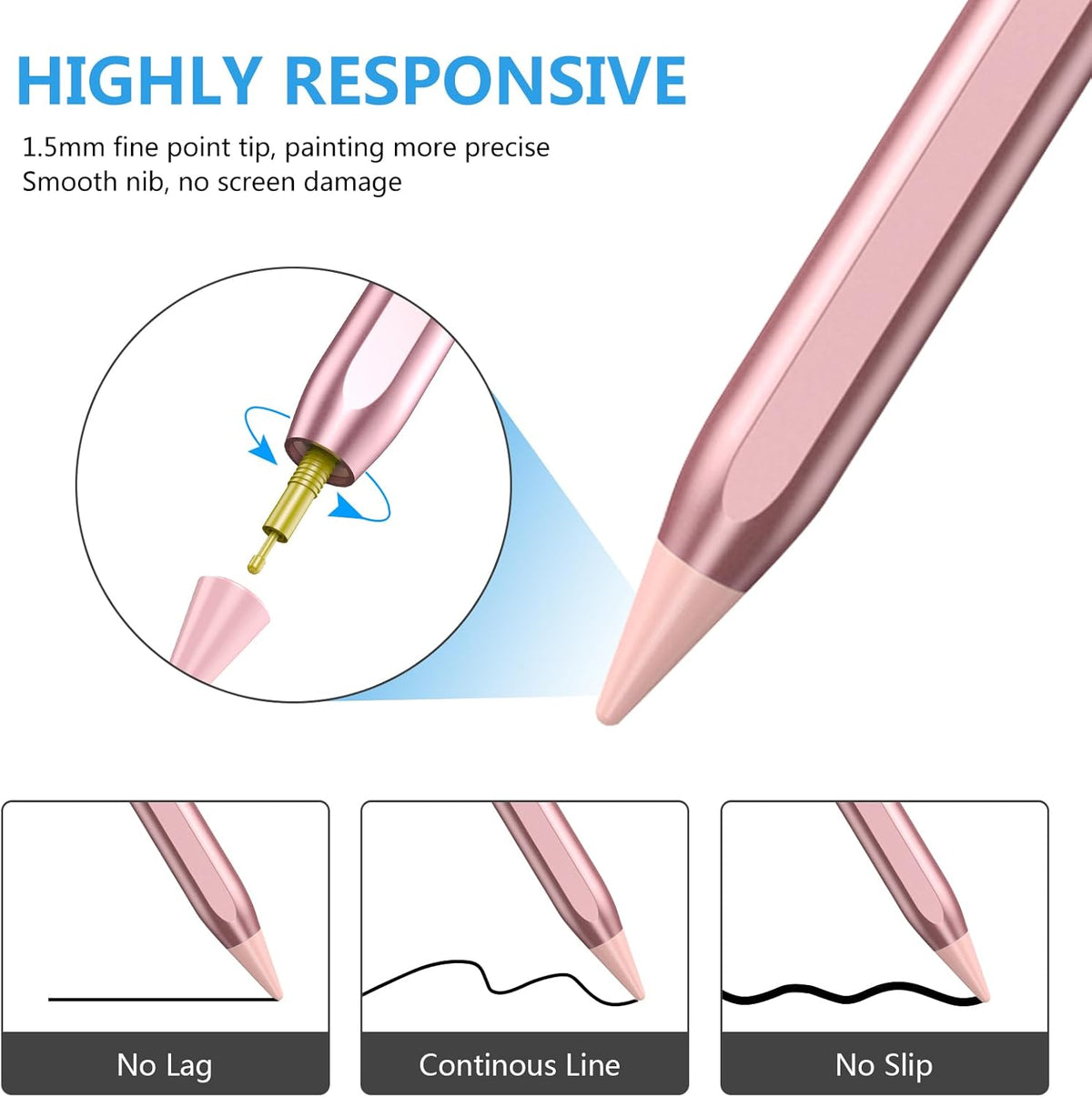 Stylus Pen for iPad 2018-2023 with Palm Rejection, Active Pencil for iPads 10th/9th/8th/7th/6th, for iPad Pro 11/12.9 inch, for iPad Air 5th/4th/3th Gen, for iPad mini 6th/5th Gen (Rose Gold)