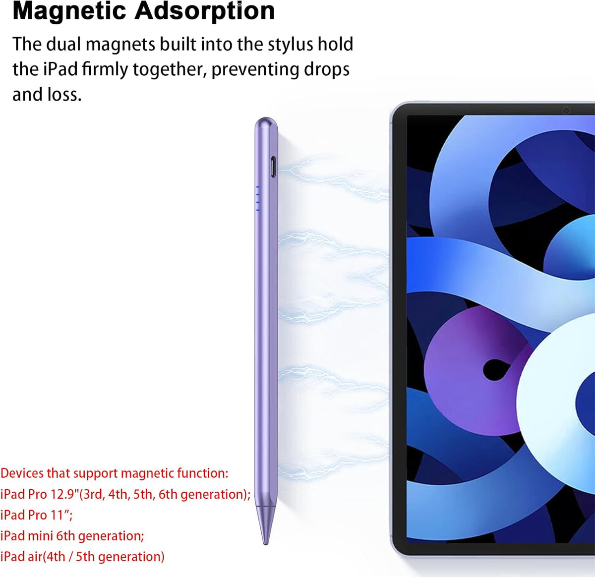 Stylus Pen for iPad 9th&10th - Fast Charge for iPad Pencil Palm Rejection Active Pen Compatible with (2018-2025) Apple iPad 6/7/8/9/10/11(A16), Pro 11"/12.9"/M4, Mini 5/6, Air 3/4/5/M2/M3 (Purple)