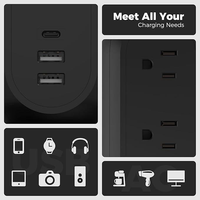 TESSAN Tower Power Strip Flat Plug with 1050J Surge Protection, 6 Ft, Black