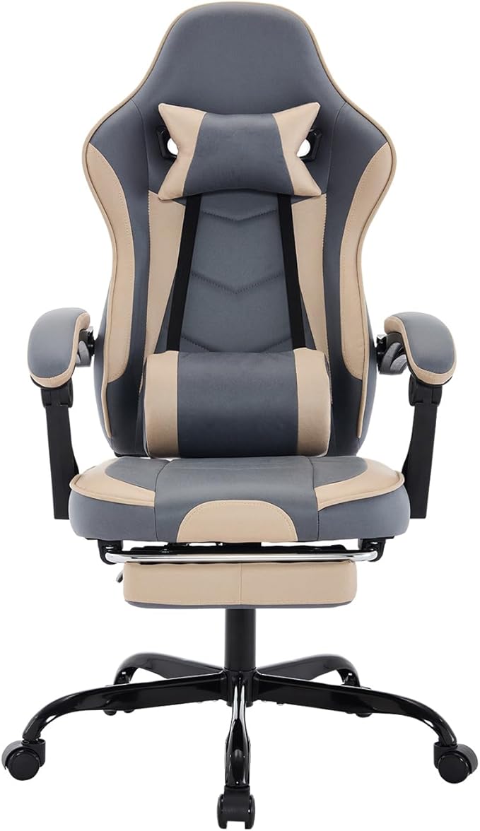 Beige Gaming Chair Ergonomic Computer Chair with Footrest & Lumbar Support Height Adjustable Game Chairs with 360°-Swivel Seat and Headrest for Adults Office