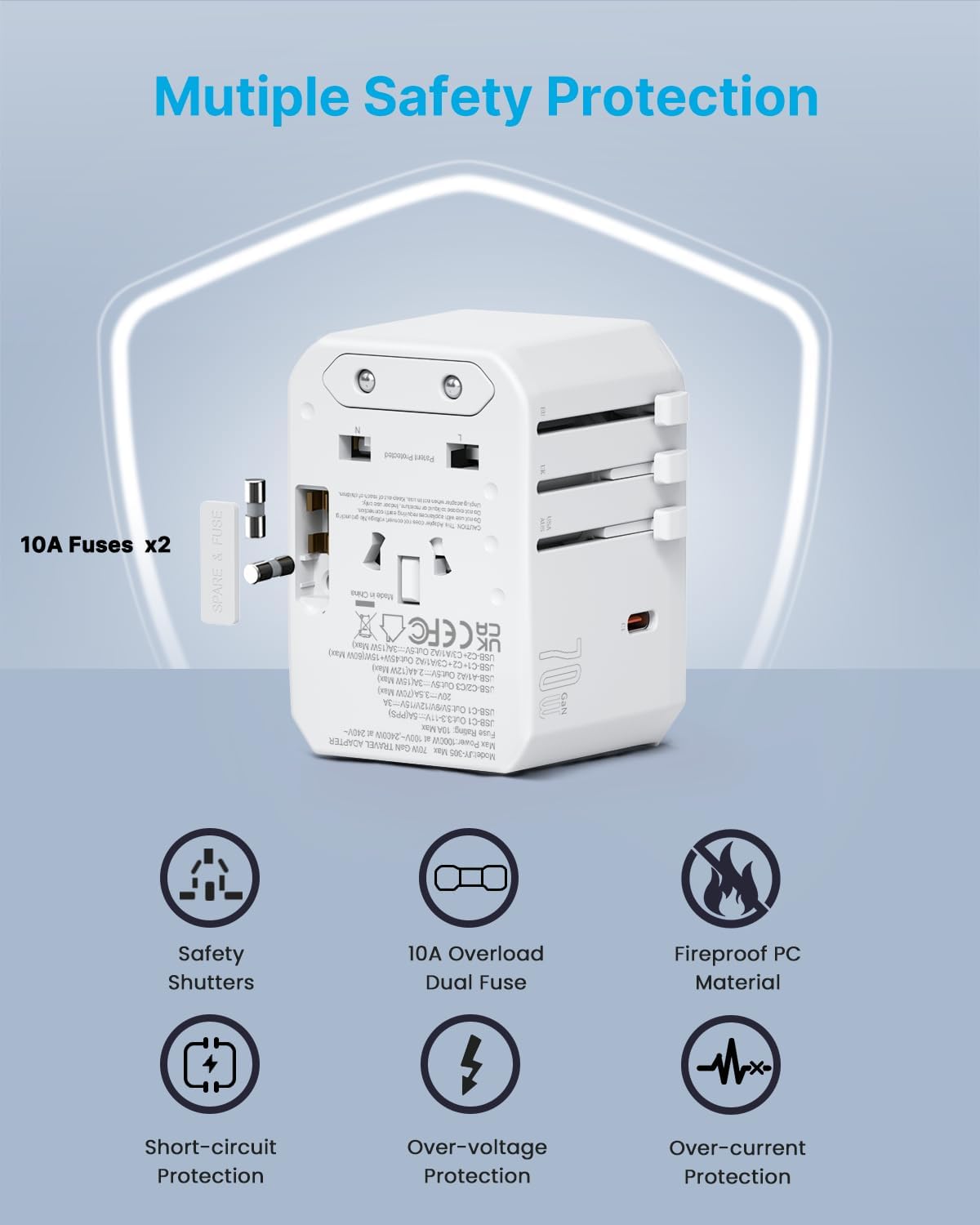 Universal Travel Adapter, VINTAR 70W GaN International Power Adapter with 5 USB Ports (3 USB-C), All-in-one Travel Essentials Plug Adaptor, Travel Adapter Worldwide for UK/EU/USA/AUS, White