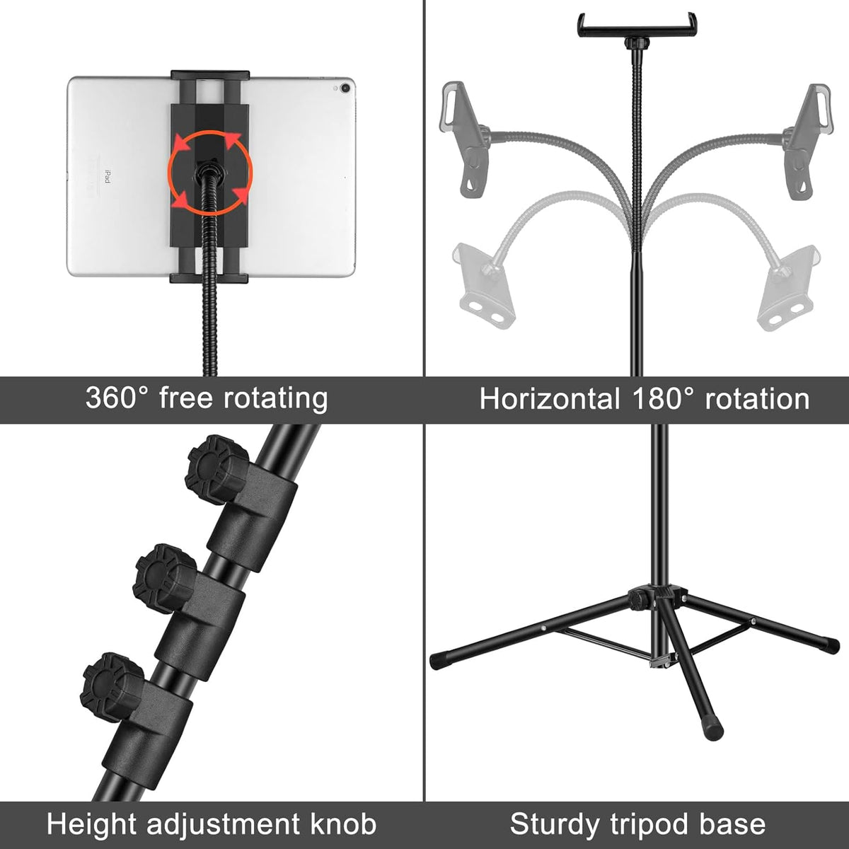 Ipad Tripod Stand, Gooseneck 65" Height Adjustable Floor Stand with 360° Rotating iPad Tripod Mount for iPhone,iPad pro,Kindle and All 4.5-12.9 Inch Tablet and Phone