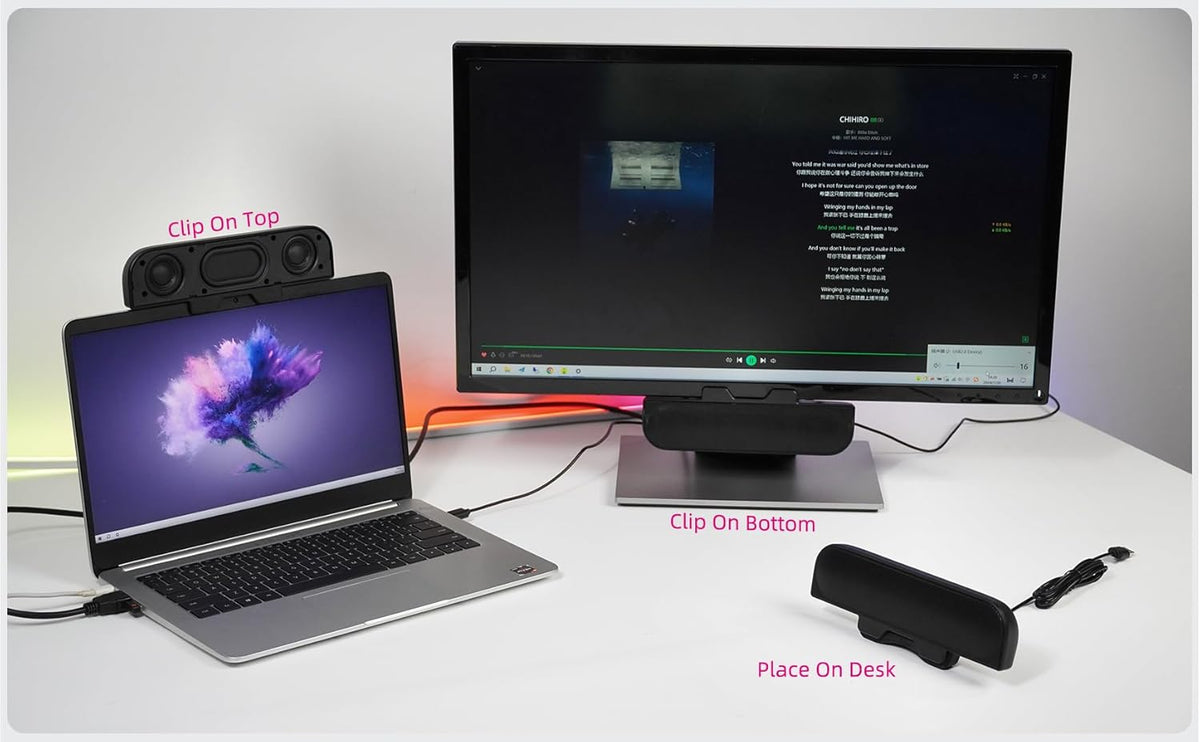 Computer Speakers for Desktop PC, Monitor Speakers, USB Plug-in, Wired, External Speaker for Laptop, Small Computer Soundbar for PC, with Loud Sound, Deep Bass, USB-C Adapter, Easily Clamp to Monitor