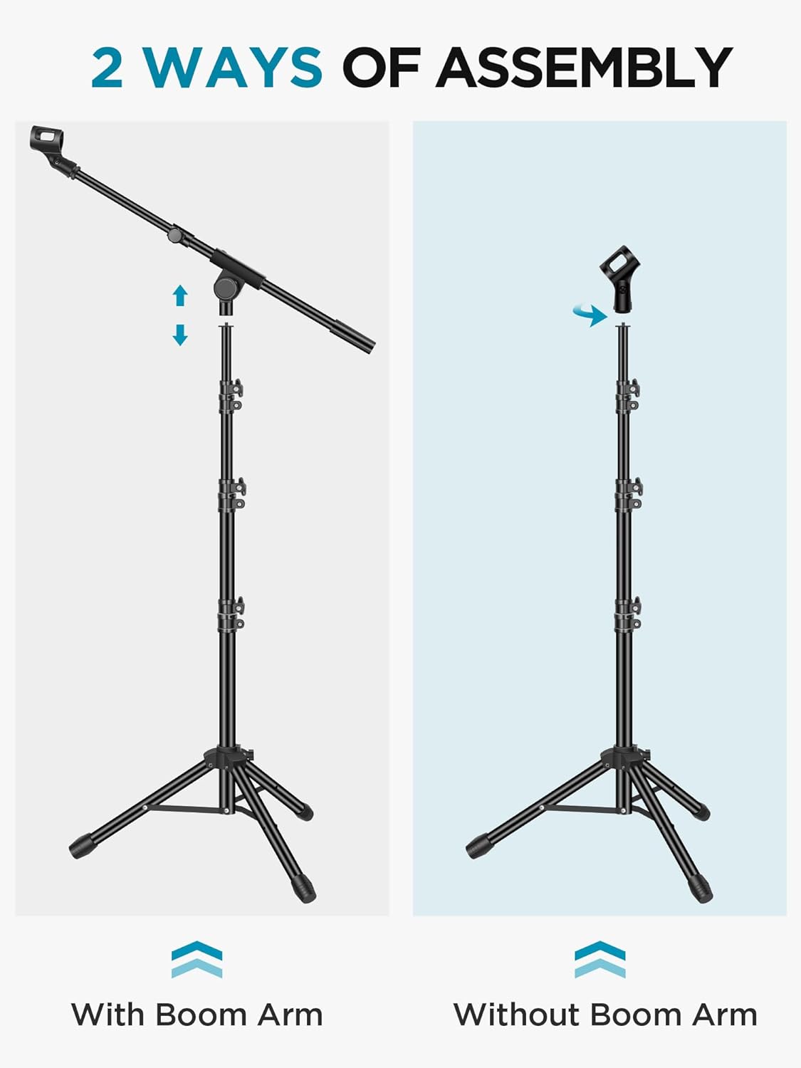 InnoGear Microphone Stand, Tripod Boom Arm Floor Mic Stand Height Adjustable Heavy Duty with Carrying Bag 2 Mic Clips 3/8" to 5/8" Adapter for Singing Podcast for Blue Yeti Shure SM58 SM48 Samson Q2U