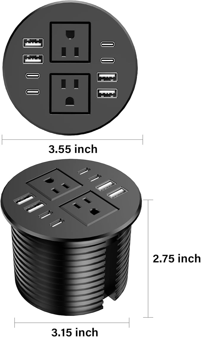 Jgstkcity Power StripDesktop Recessed Power Grommet40W Total USB C Fast Charging3.15-Inch Hole 4 Outlets & 8 Ports Ideal for Desktop & Countertop Flush Mount Outlet