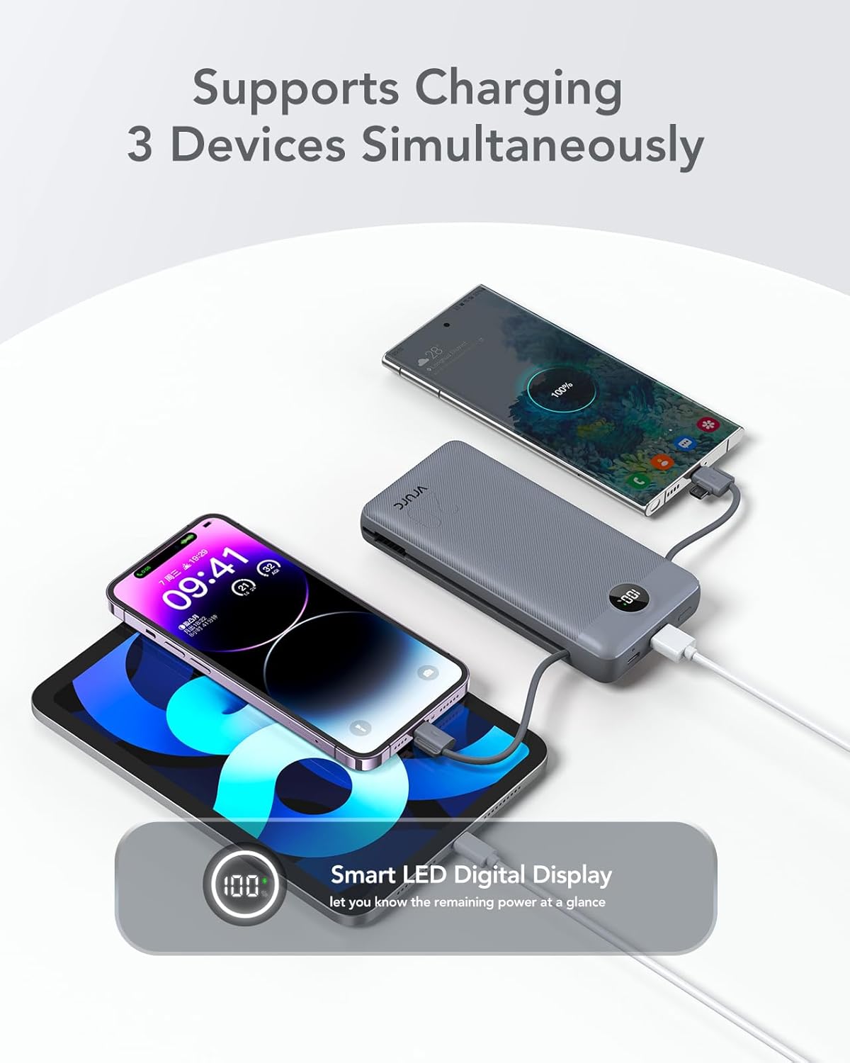 Portable Charger Power Bank 20000mAh,VRURC 22.5W Fast Charging Power Bank With Cables, 20K USB C Portable Charger With Wall Plug, Phone Battery With Cords For iPhone, Samsung, Android Phones, etc-Grey