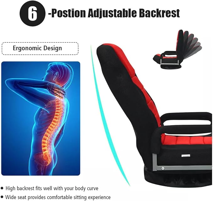 Swivel Video Rocker Gaming Chair Adjustable 7-Position Tatami Bed Lazy Sofa with Armrests Legless Bedroom Bay Window Folding Back Chair Gaming Computer Chair (Red)