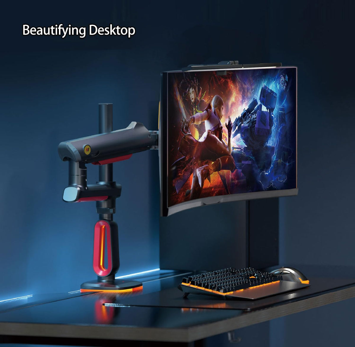 RGB Gaming Monitor-Arm for Flat/Ultrawide/Curved Monitors 32 to 60 inch, Heavy Duty Stand Load up to 20 kg, VESA 75/100 mm Monitor-Mount L70
