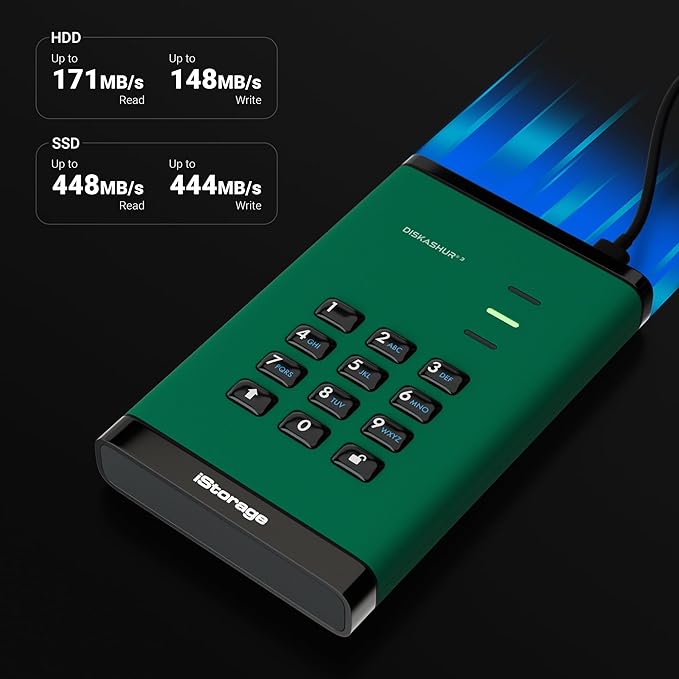 iStorage diskAshur3 HDD 4TB Green - Secure Portable Hard Drive - Password Protected - Dust & Water Resistant - Hardware Encryption