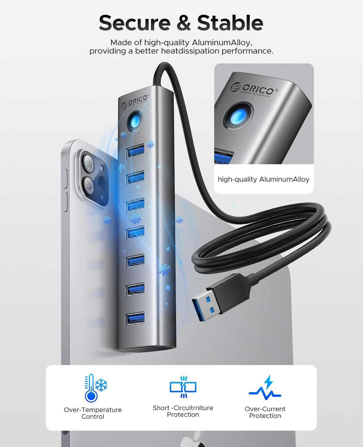 ORICO Aluminum 7-Port USB Hub with 3.28Ft Cable, Multiple USB 3.0 Hub, 5Gbps Data Transfer, 5V 3A Type-C Port, UBS-A Splitter for PC, Laptop, Desktop