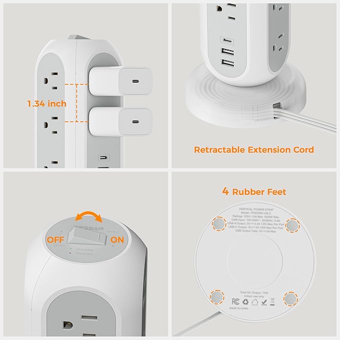 TESSAN Tower Power Strip Flat Plug with 1050J Surge Protection, 5 Ft, Black