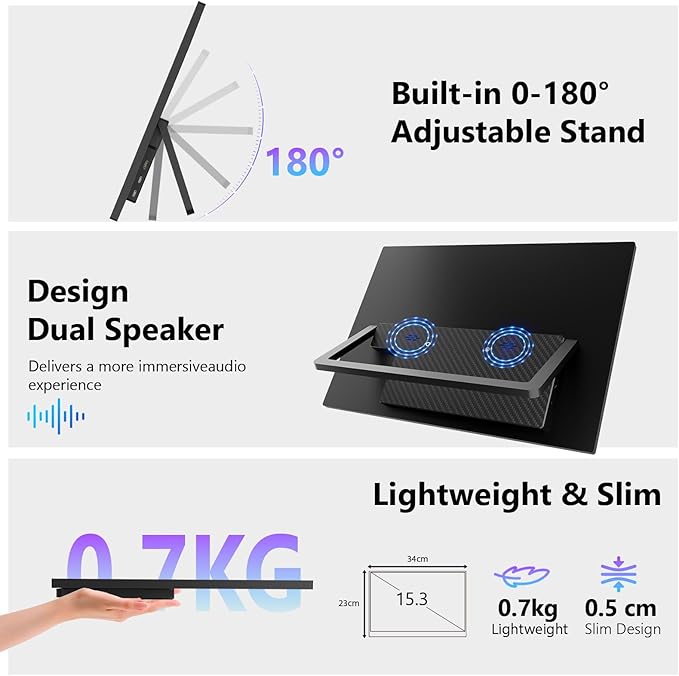 15.3 Inch FHD 1200P Touchscreen Portable Gaming Monitor USB-C HDMI Built-in Stand & Speakers Ultra-Thin External Second Screen Compatible with Laptop PC Mac Phone PS4 PS5 for Travel & Gamin