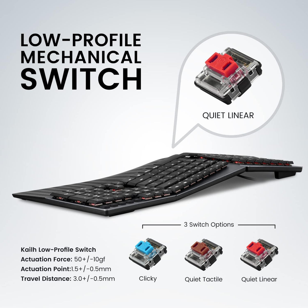 Perixx PERIBOARD-535RD Wired Ergonomic Mechanical Split Keyboard - Low-Profile Red Linear Switches - Programmable Feature with Macro Keys - Compatible with Windows and Mac OS X - US English, Black