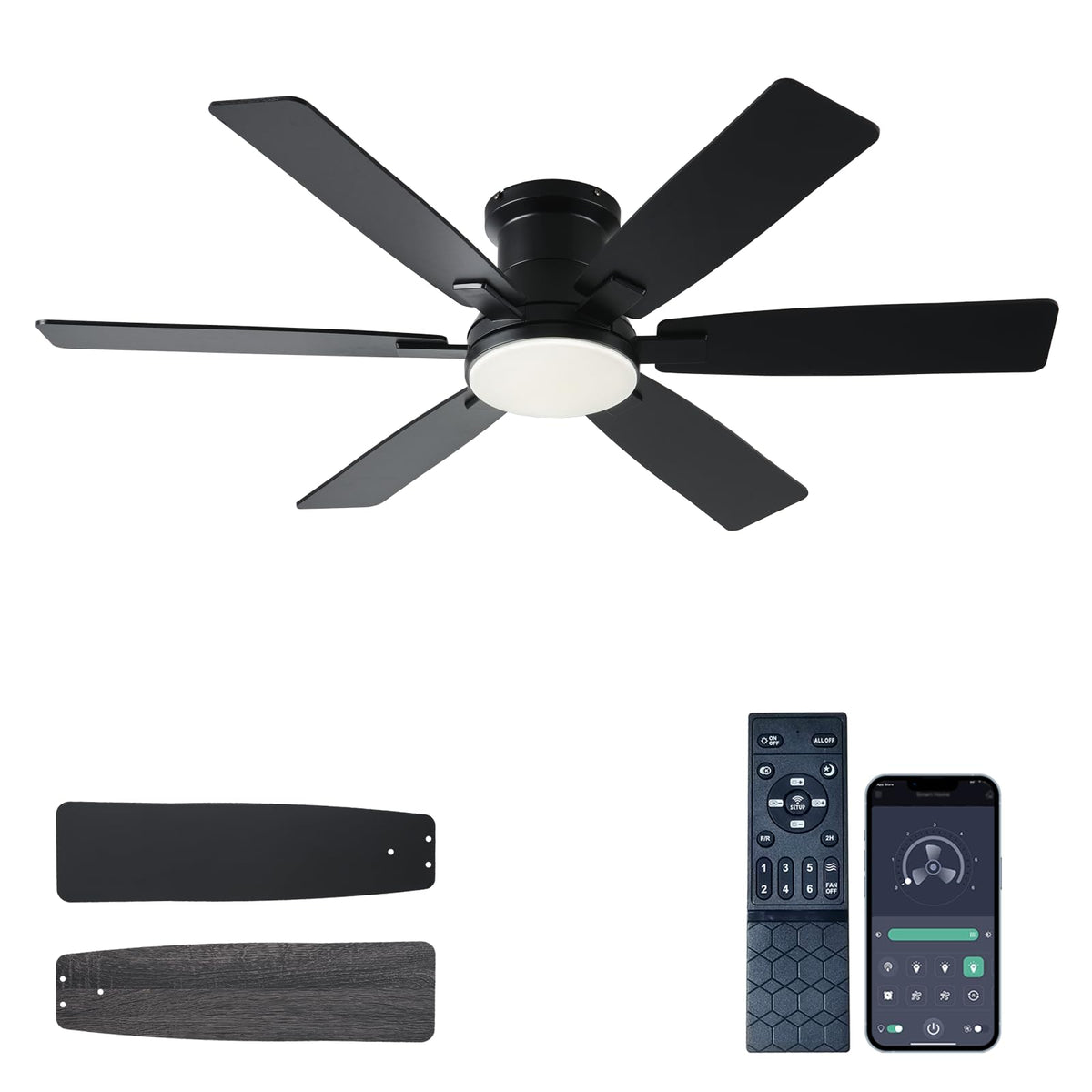 52 inch Black Ceiling Fans with Lights and Remote - Flush Mount Low Profile Ceiling Fan with Light, Reversible, 3CCT, Dimmable,