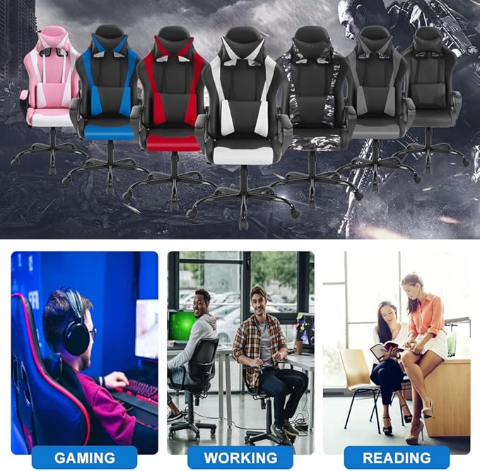 Ergonomic Gaming Chair High Back PU Leather Office Chair with Adjustable Lumbar Support & Headrest – Swivel Computer Desk Chair for Adults Teens Kids – Heavy Duty Executive Red Game Chair - Whi