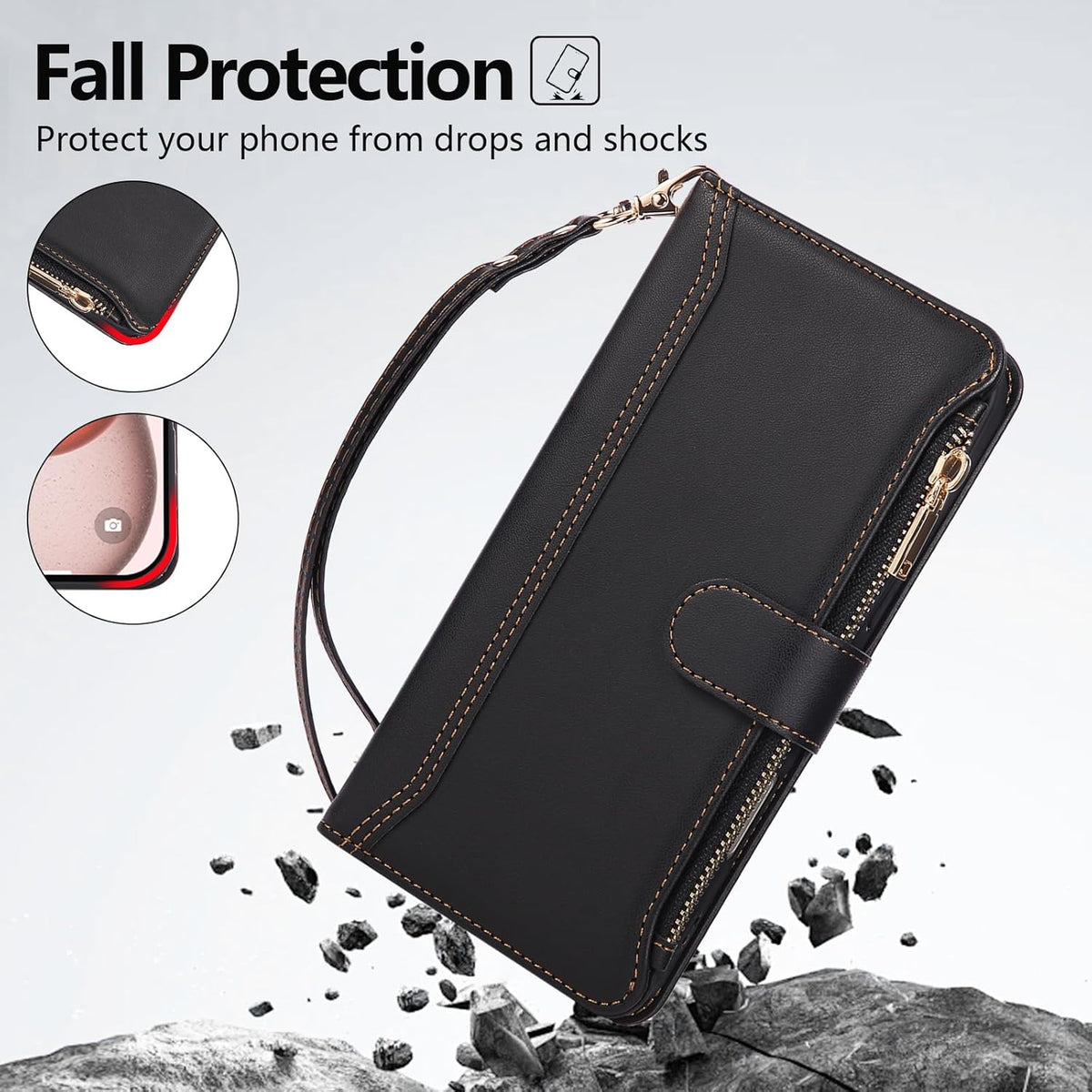 Compatible with iPhone 12 Pro Max Wallet Phone Case-PU Leather Magnetic Flip Cover with Credit Card Slots,Zipper Pocket & Detachable Wrist Strap,Shockproof Design,for Women and Men-Black