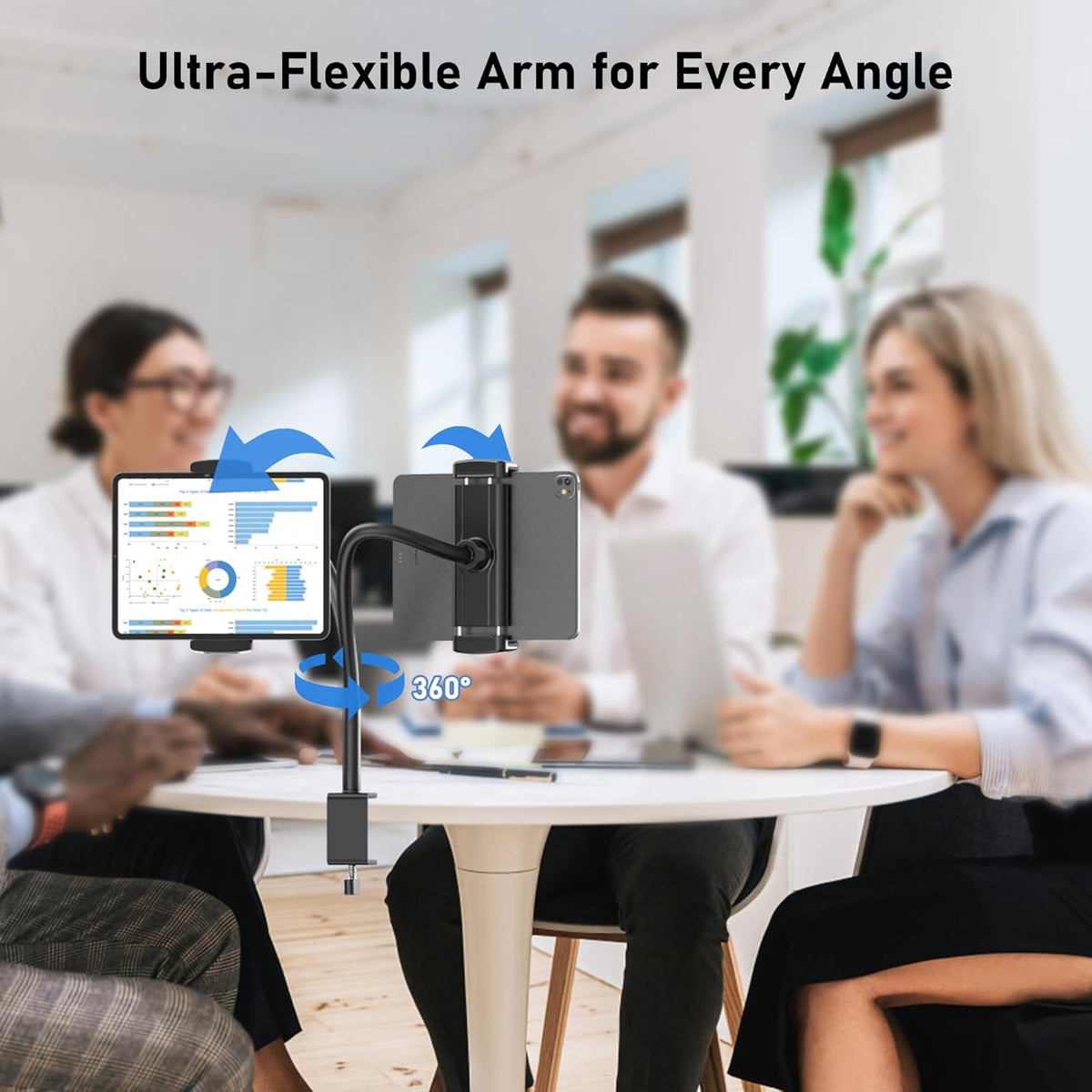 Tablet Stand for Desk, Gooseneck iPad Holder Clamp Mount, 360° Adjustable Arm Mount for iPad Pro/Air/Mini, Kindle Fire, Galaxy Tabs, 4.7"-13.5" Tablets, for Kitchen, Work, Video Call, Bed