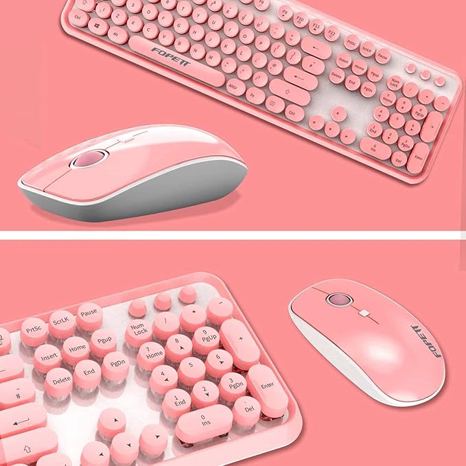 FOPETT Keyboard and Mouse Sets Wireless Reliable 2.4 GHz Connectivity for PCLaptopSmart TV and More (Pink)
