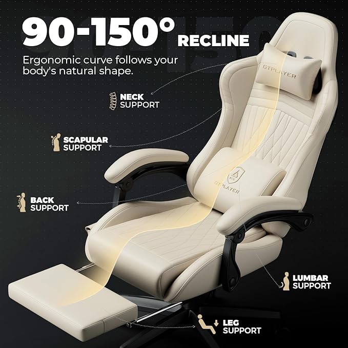 GTPLAYER ACE-PRO Music Gaming Chairs – Built-in Speakers App Support & Bluetooth Control Computer Game Chairs with Footrest for Adults Ergonomic Reclining Silla Linkage Armrest Ivory