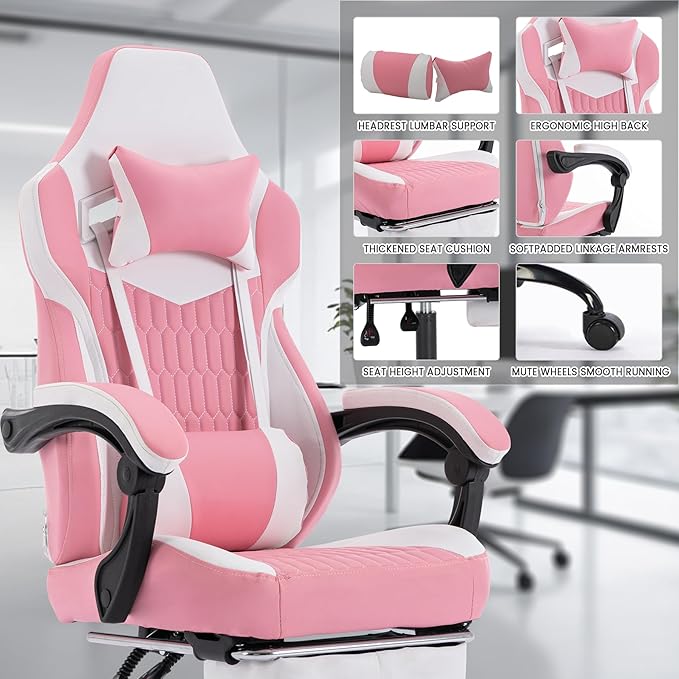 High-Back Gaming Chair with Footrest – PVC Leather Ergonomic Office & Racing Style Video Gaming Chair (Pink)