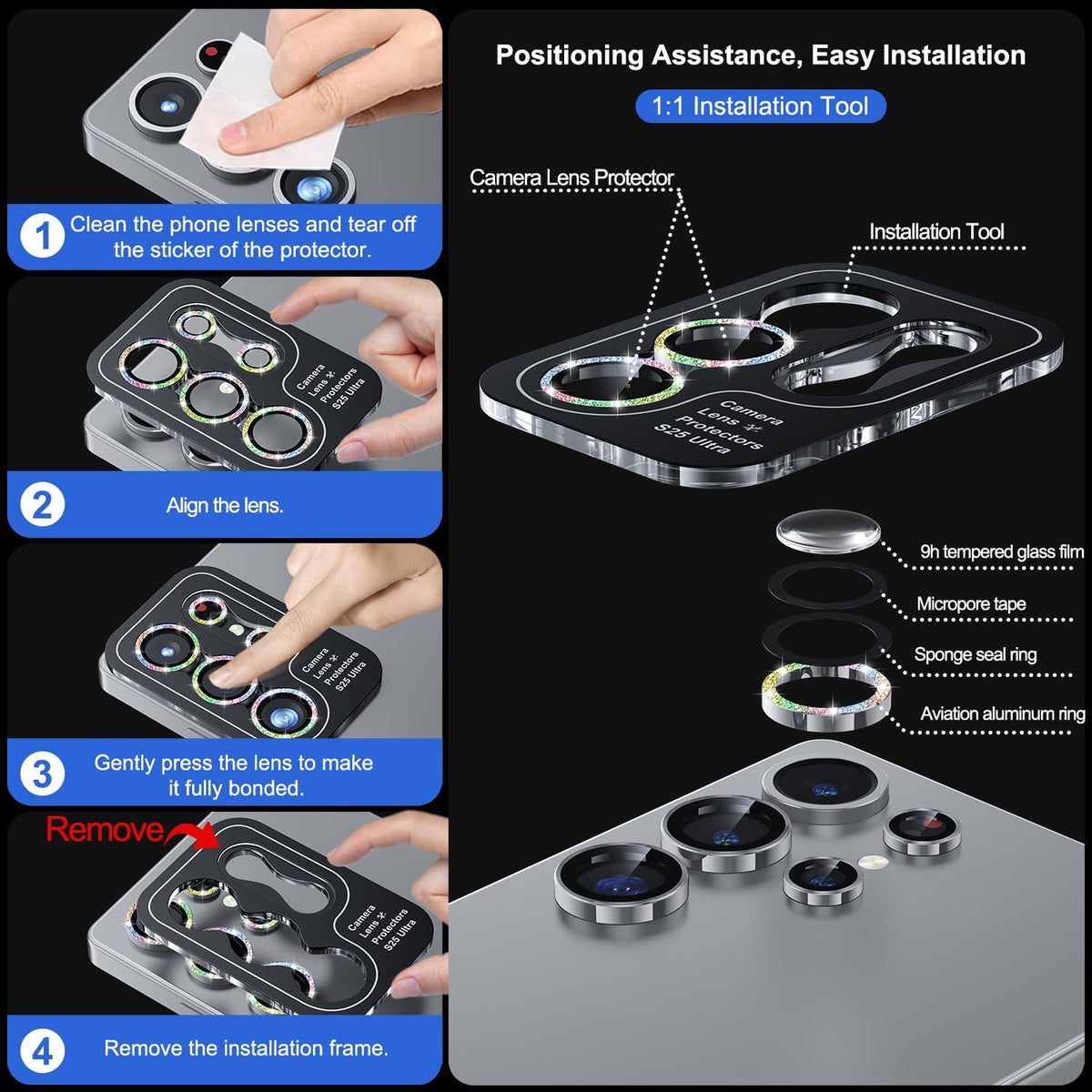 WSKEN for Samsung Galaxy S25 Ultra Camera Lens Protector - Ultra Thin Case Friendly, 9H Shatterproof Tempered Glass with Aluminum Metal Circle Camera Screen Protector Cover Accessories, Glitter Color