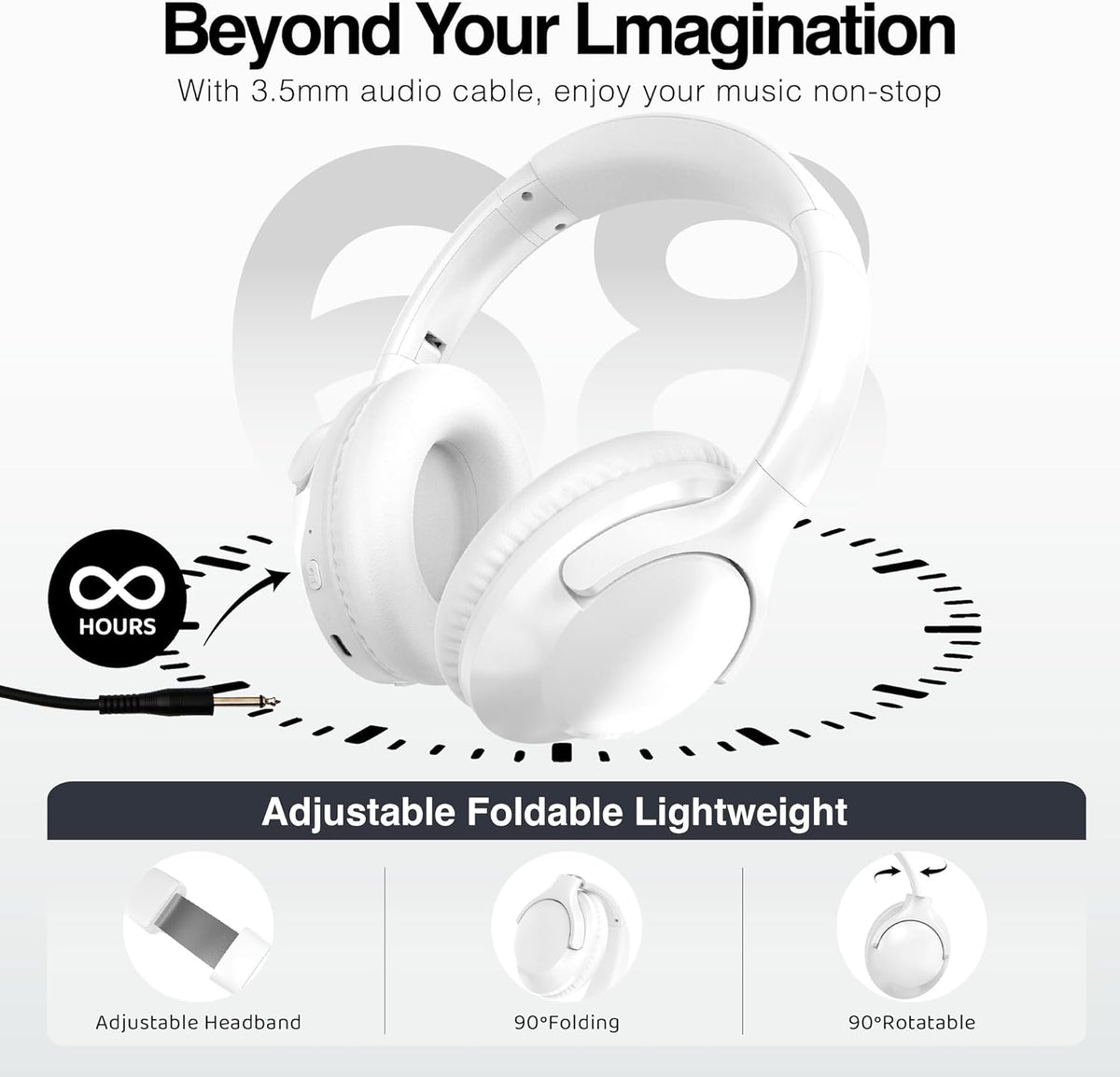 MIDOLA Bluetooth Headphones Over Ear 68H Playtime 6 EQ Wireless Headset with Microphone HiFi Stereo Foldable Lightweight Deep Bass for Travel Home Office Cellphone White