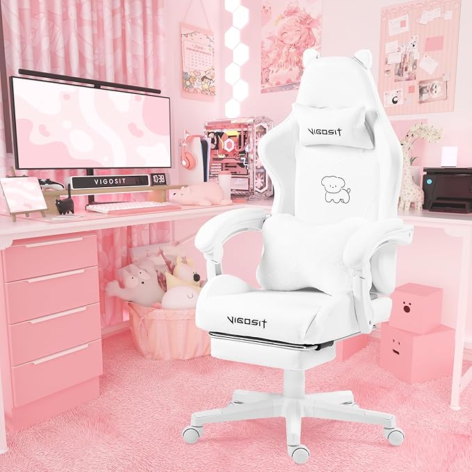 Gaming Chair Cute with Cat Ears Paw Lumbar and CushionErgonomic Computer Chair with FootrestReclining PC Game Chair for Girl Computer Chair 300lbs for Adult (White)