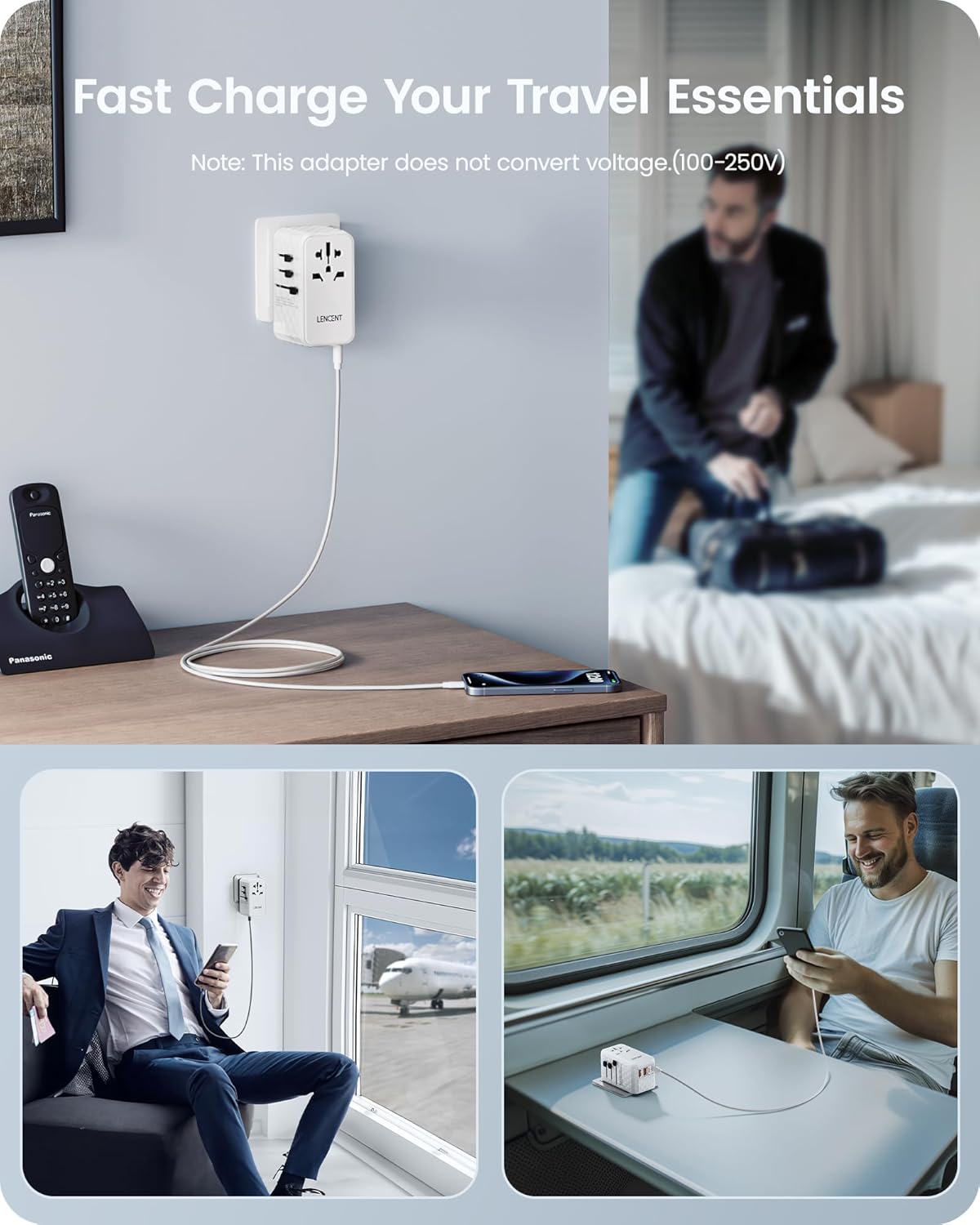 LENCENT 100W International Travel Adapter, Universal Travel Adapter with 2 QC USB-A & 2 PD3.0 Type C Power Adapter, Fast Charging for Phone,Laptops, All-in-One Outlet Adapter for USA/UK/EU/AUS, White