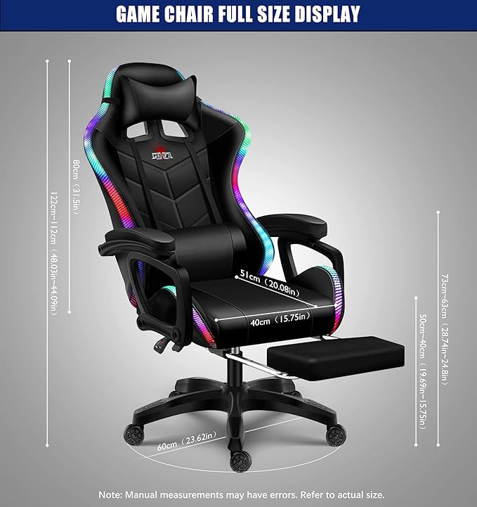 TBQATNTS Gaming Chair Gaming Chair with 7-Point Massage Function Computer Chair with Speakers and RGB Lights Ergonomic Racing Chair Gaming Chair for Adults with Headrest and Lumbar Pillow.Black