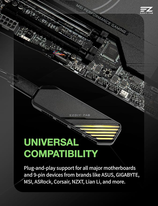 EZDIY-FAB MH01 Internal USB 2.0 9-Pin Hub4-Port USB Header Expansion SATA Powered USB Hub with Integrated Type-C Power & Data Connection Magnetic Mount Compact Design for AIO RGB Hub-Black