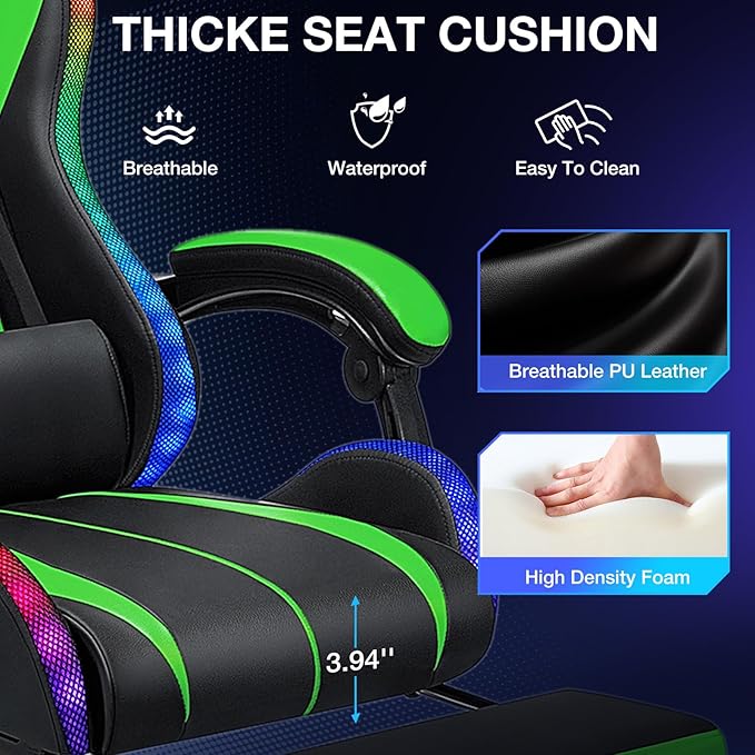 Gaming Chair Massage with Bluetooth Speakers and Lights Ergonomic Computer Game Chair with Footrest LED RGB Lights High Back Music Video Game Chair with Lumbar Support Green and Black