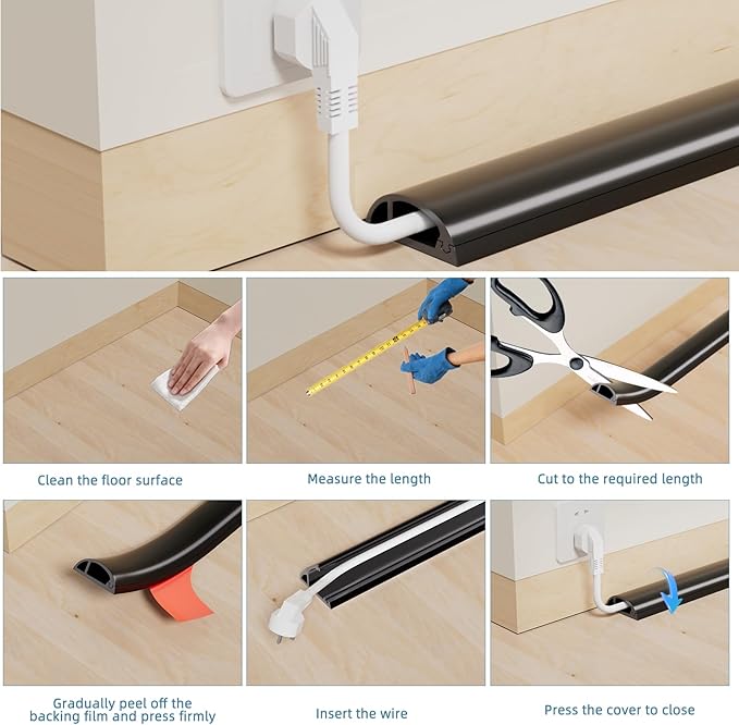4ft Side Buckle Floor Cord Cover for Wires, Selfadhesive Extension Cord Hider Easy Floor Cable Management Prevent Cable Trips,Silicone Floor Wire Covers for Cords, Cable Protector Cord Cavity(Brown)
