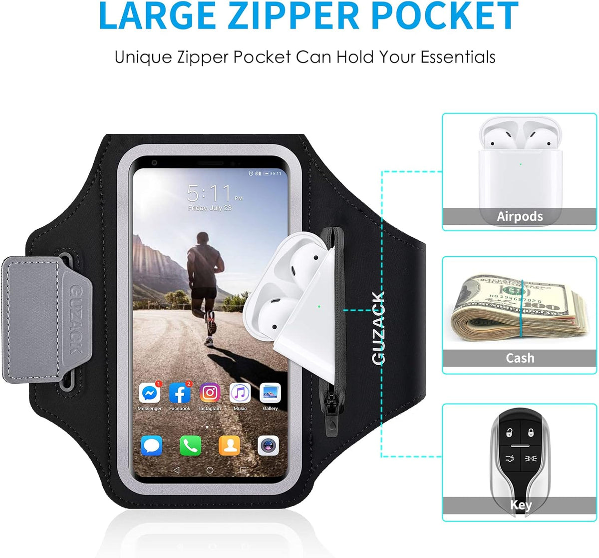 GUZACK Running Phone Holder with Zipper Pouch, Running Armband for iPhone 16 Pro/15/14/13/12/11 Pro Max/Plus/XR/XS, Galaxy S25/S24/S23/S22, Cell Phone Arm Holder with Card Slot - Size S
