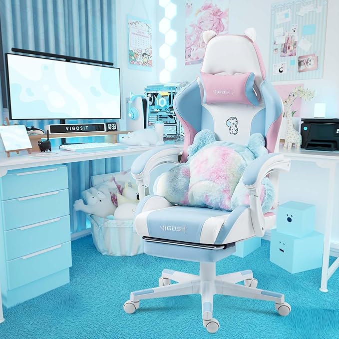 【Gaming Chair with Paw Cushion】 Kawaii PC Gamer Chair for Girls Teens Adjustable Height & 90-155° Recline 360° Swivel with Retractable Footrest (BluePink)