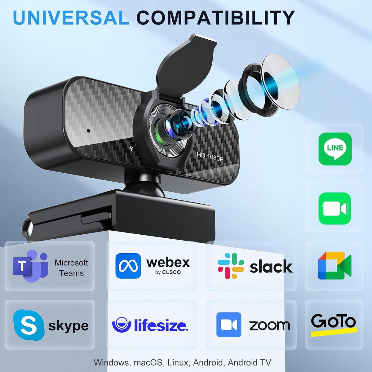ILAOLIU 1080P Webcam Full HD with Built-in Microphone and Rotatable Tripod, Carbon Fiber Board and Privacy Cover, Auto