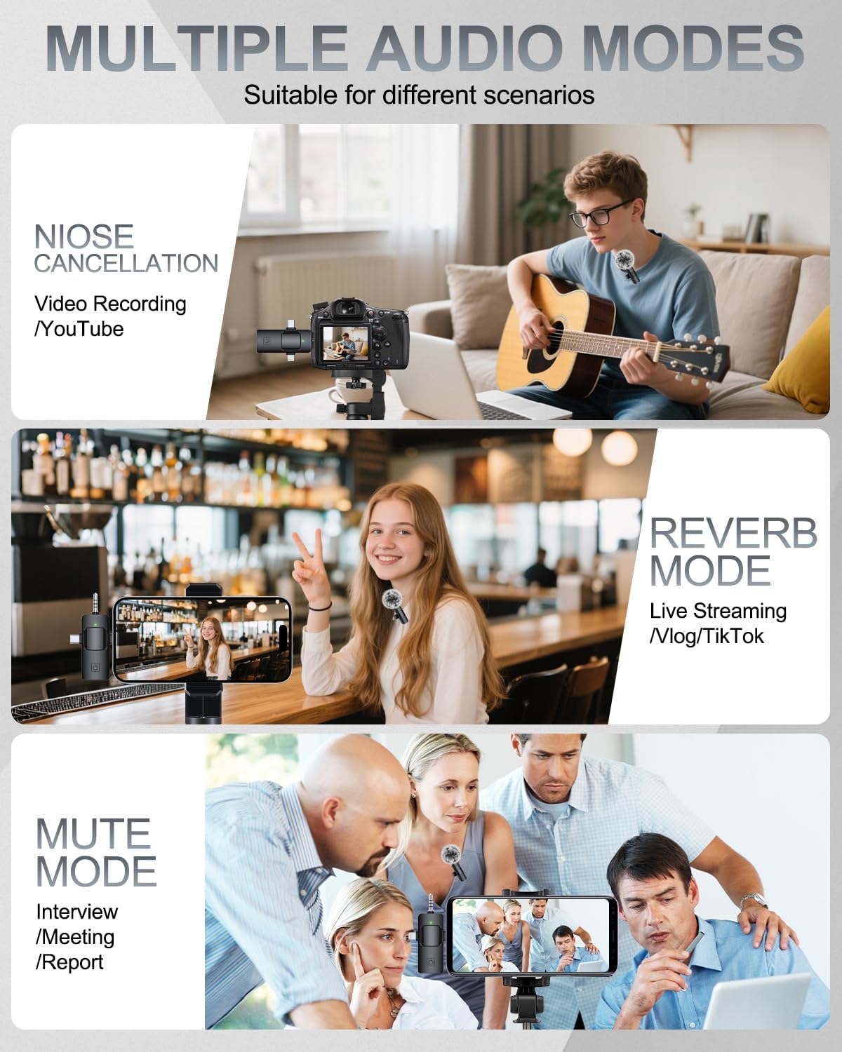 PQRQP 3 in 1 Professional Wireless Lavalier Microphone for iPhone, Android, Camera, Wireless Microphones, Mini Microphone, Crystal Clear Sound Quality for Recording, Live Streaming, YouTube, TikTok