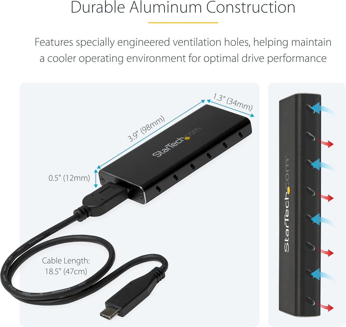 StarTech.com M.2 SSD Enclosure for M.2 SATA SSDs - USB 3.1 (10Gbps) with USB-C Cable - External Enclosure for USB-C Host - Aluminum, TAA (SM21BMU31C3)