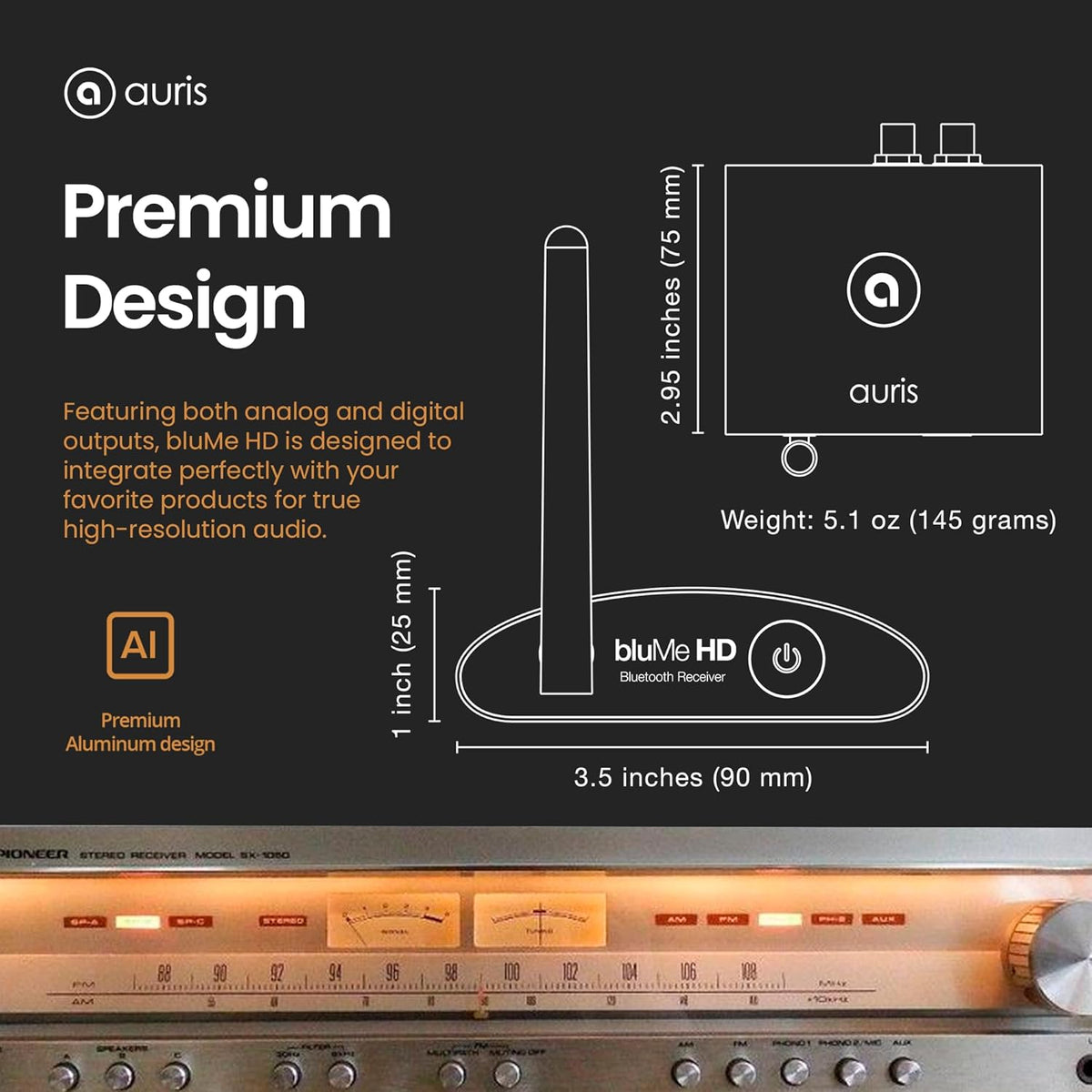Auris Blume HD Long Range Bluetooth 5.3 Music Receiver Hi-Fi Audio Adapter with Audiophile DAC, LDAC & AptX HD for Home Stereo, AV Receiver or Amplifier